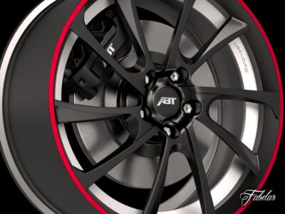 ABT rim 3D model for automotive simulations, featuring caliper, disc, and bolts.