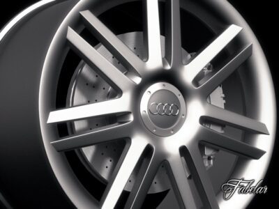 Audi A3 rim 3D model with caliper, disc, and bolts, available in multiple formats for rendering