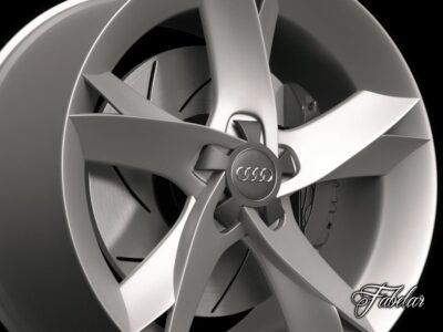 Audi A5 rim 3D model with caliper, disc, and bolts, available in multiple formats for rendering