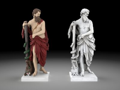 3D model of Aesculapius statue, featuring real-world scale and realistic textures for rendering and real-time applications.