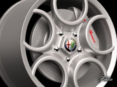 High poly 3D model of Alfa 8C rim, including caliper, disc, and bolts, with optimized textures.