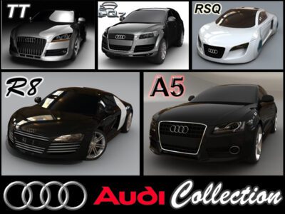 Audi car collection 3D model featuring Audi TT, Q7, R8 Lemans, RSQ, and A5, with materials and textures included