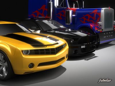 Autobot and Decepticon 3D model collection featuring Optimus Prime, Bumblebee, and Barricade