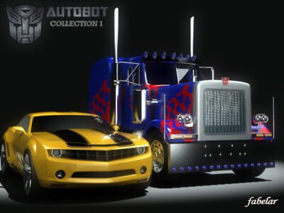 Autobot and Decepticon 3D model collection featuring Optimus Prime, Bumblebee, and Barricade

