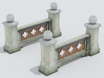 High-detailed stone balustrade 3D model, suitable for games and renders, available in Max, 3ds, C4D, and OBJ formats