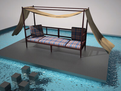 3D model of a four-poster bed with realistic textures for interior design projects.