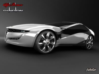 High poly 3D model of Alfa Romeo PANDION concept car, with rigged wheels and Vray materials.