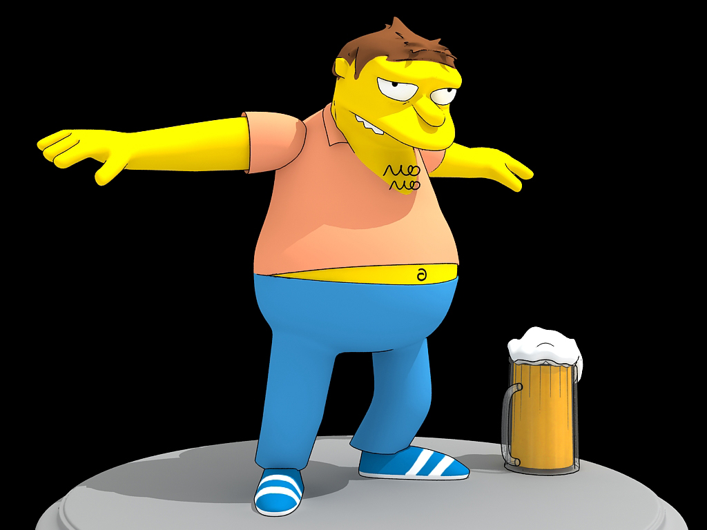 Barney Gumble 3D model with beer mug in T-pose, ready to rig, includes 1024x1024 textures and materials, available in multiple formats